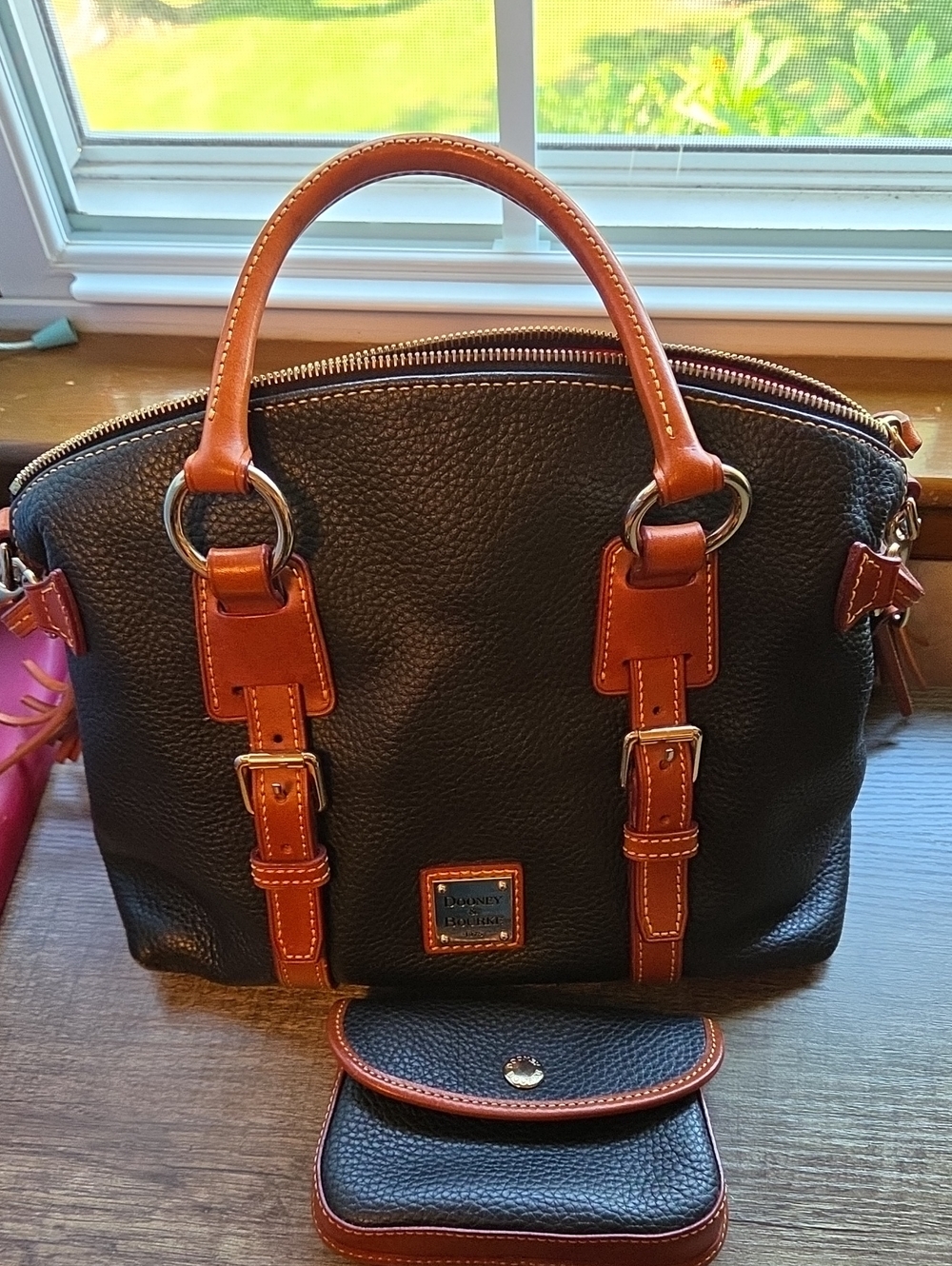 Dooney & Bourke Black Pebbled Leather Satchel with Brown Trim and Handles